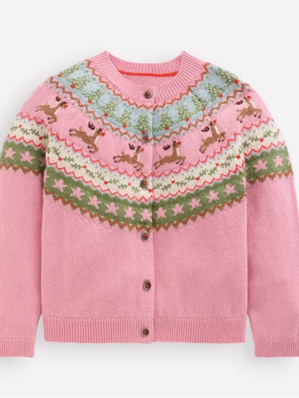 Mini Boden Pink Fair Isle Reindeer Knit Cardigan Size 6-7 Like New
